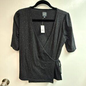 Gap Black Shimmer Wrap Short Sleeve Top Sz M NWT